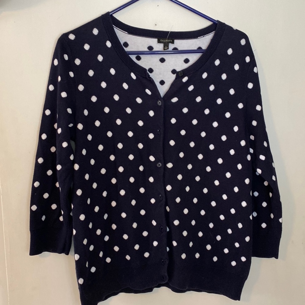 Navy and white polka dotted cardigan